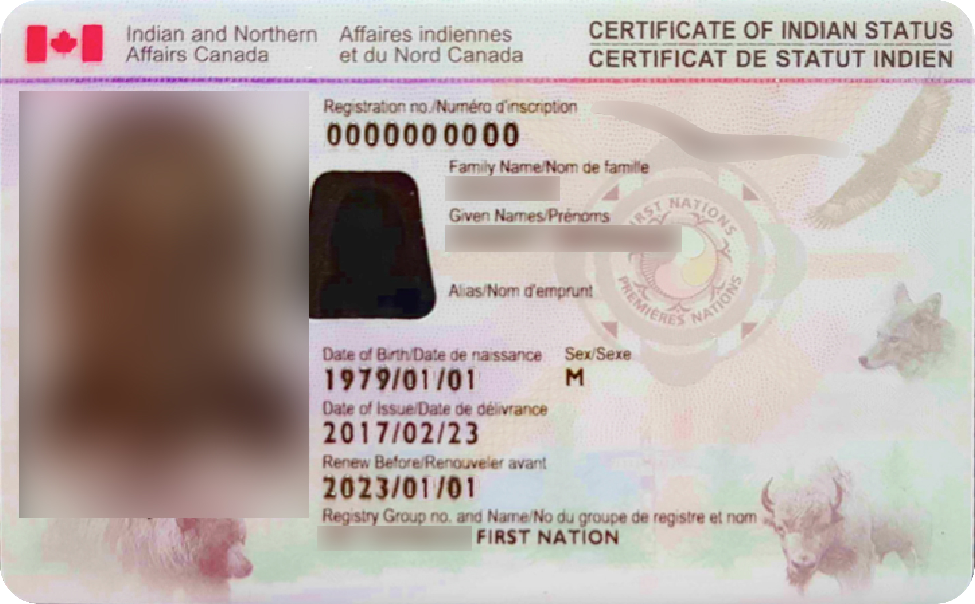 Canada Indian Status Card example